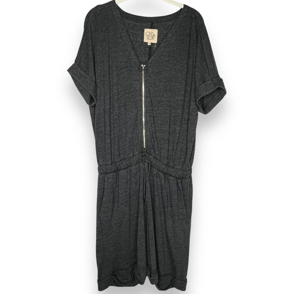 Chaser Zippered Front Knit Charcoal Gray Romper With Pockets Size Medium